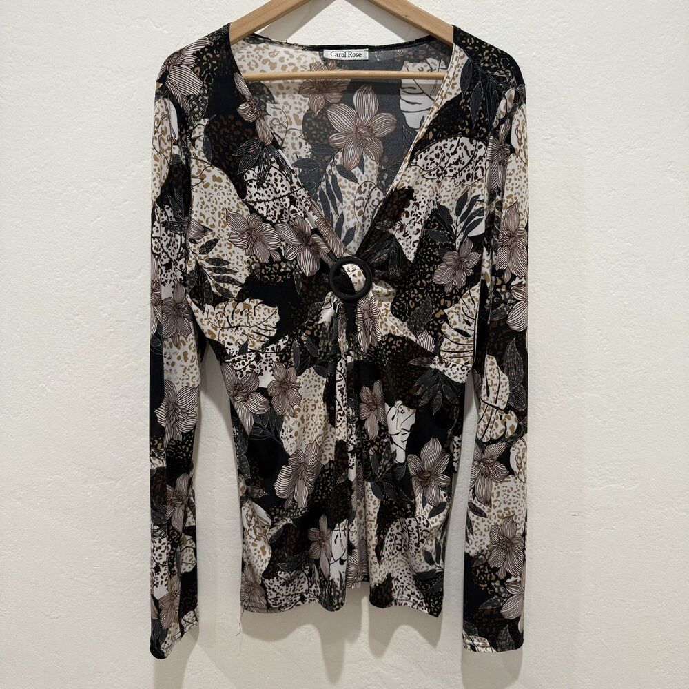 Carol Rose Womens Blouse L Large Brown V Neck Top Lightweight Long Sleeve